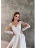 Long Sleeves Beaded Ivory Lace Satin High Slit Wedding Dress